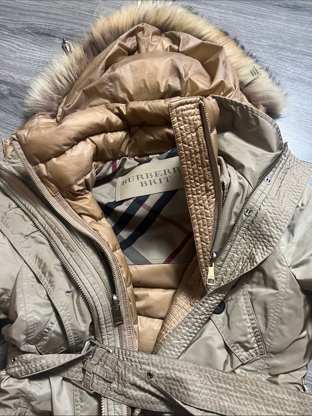 3-in 1 Burberry Beige/Tan Quilted Hooded Belted Parka with Faux Fur Trim - Picture 7 of 16